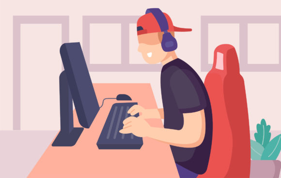 Boy Playing Game with Computer: Strategic Use of Visual Assets in Digital and Print Design